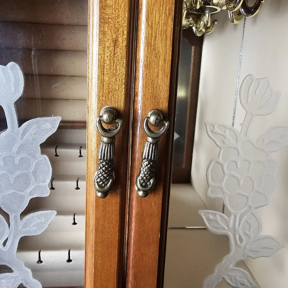Vintage Wooden Jewelry Armoire with Etched Floral Glass Doors & Hinge Top Lid
